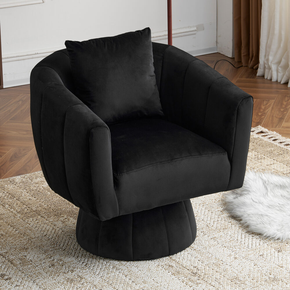 360° Swivel Accent Chair, Modern Velvet Fabric Living Room Armchair with Fluffy Cushions, Comfy Wide Upholstered, Barrel Accent Chairs for Living Room, Bedroom, Lounge, Office Black #JL06-62326604